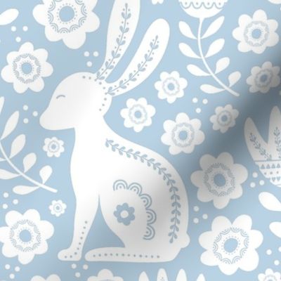 Large Scale Folk Style Easter Bunnies on Soft Blue