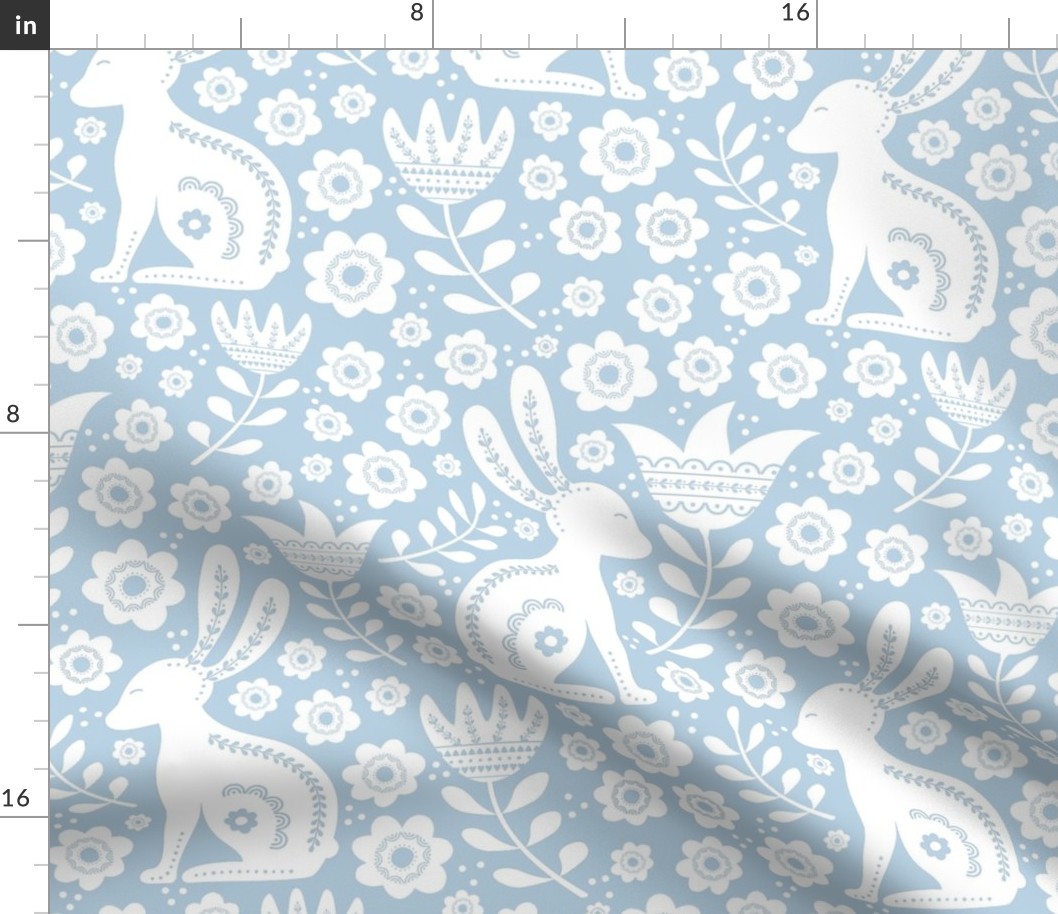 Large Scale Folk Style Easter Bunnies on Soft Blue