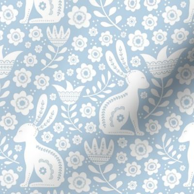 Medium Scale Folk Style Easter Bunnies on Soft Blue