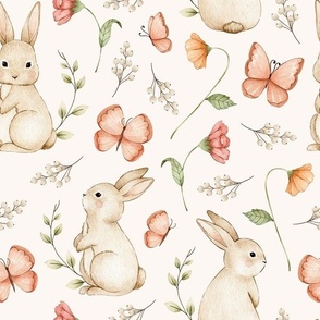 large // easter garden, bunny, watercolor flowers, easter rabbits, flowers, meadow, butterfly, nursery, baby girl, leaves, spring easter on off white
