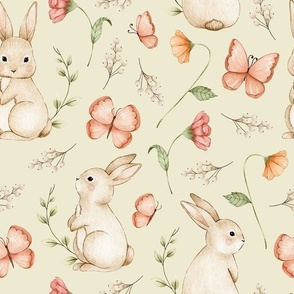 large // easter garden, bunny, watercolor flowers, easter rabbits, flowers, meadow, butterfly, nursery, baby girl, leaves, spring easter on glass green