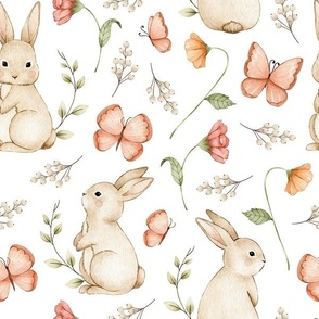 large // easter garden, bunny, watercolor flowers, easter rabbits, flowers, meadow, butterfly, nursery, baby girl, leaves, spring easter on white