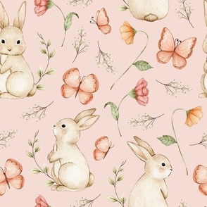 large // easter garden, bunny, watercolor flowers, easter rabbits, flowers, meadow, butterfly, nursery, baby girl, leaves, spring easter on salsa rosa