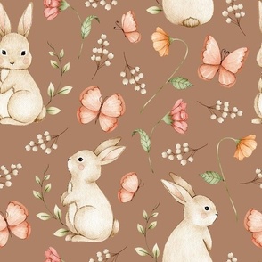 large // easter garden, bunny, watercolor flowers, easter rabbits, flowers, meadow, butterfly, nursery, baby girl, leaves, spring easter on macchiato brown