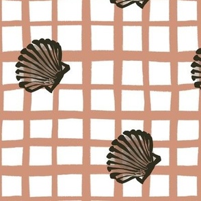 Small |Playful Nude Terracotta Orange Chequered Gingham Design with Coastal Seashells on Pure White Background Repeating Seamless Shell Fabric Pattern for Upholstery, Wallpaper and Kids Fabric Projects with Neutral Color Palette