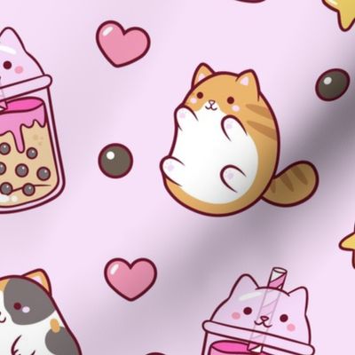 Kawaii Boba Cats on Pink