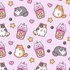 Kawaii Boba Cats on Pink