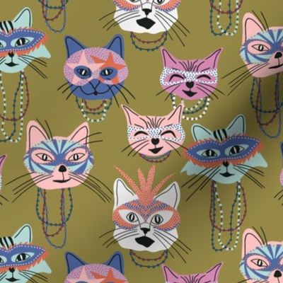 Cats at Mardi Gras with Masks and Beaded Necklaces