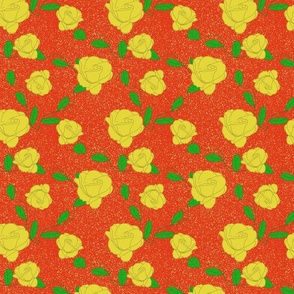 Yellow Rose Pattern on Red-Orange Speckled Background (Small)