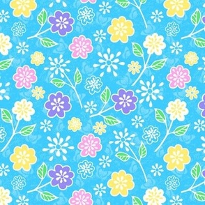 Pastel Assorted Flowers on Light Bright Blue Butterflies