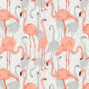 Tropical Flamingos and Palm Leaves in Light Grey and Peach (Medium Scale)