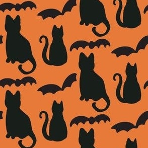 Medium black cats and bats for cute kids halloween. Burnt orange and black for fall kids apparel, 6 inch
