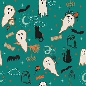 Medium Halloween ghosts, cats and bats on teal green for gender neutral kids apparel. 8 inch fall kids and baby 