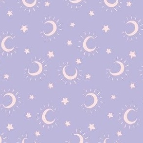 Medium moon and stars on pastel lilac purple, halloween fall pattern for kids apparel and accessories