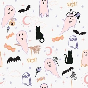 Medium halloween ghost pattern in pastel pink, orange and purple for girly kids and baby. 8 inch cute fall 