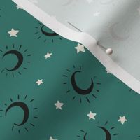 Medium moon and stars on dark teal, halloween fall pattern for kids apparel and accessories