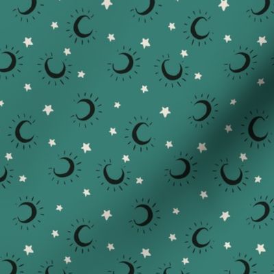 Medium moon and stars on dark teal, halloween fall pattern for kids apparel and accessories