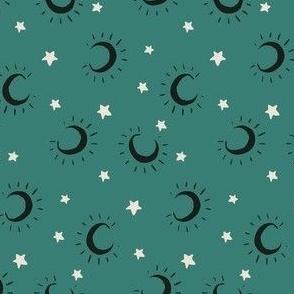 Medium moon and stars on dark teal, halloween fall pattern for kids apparel and accessories