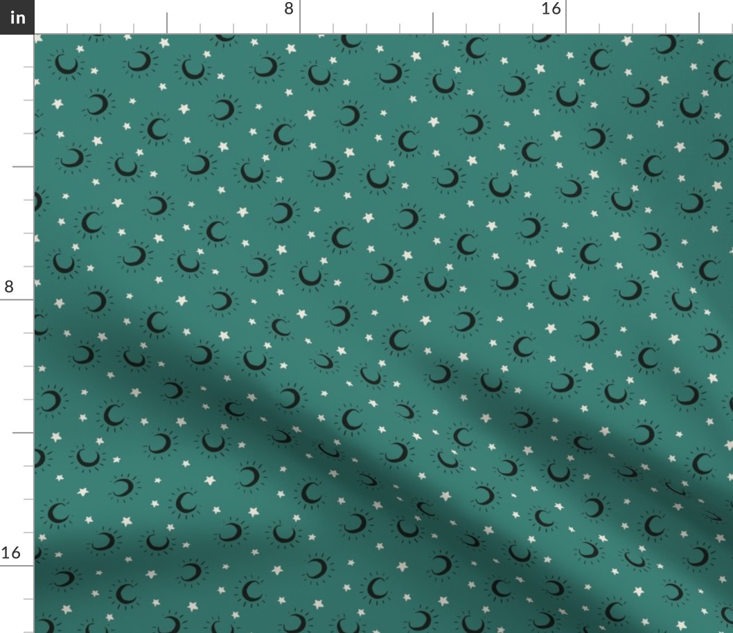 Medium moon and stars on dark teal, halloween fall pattern for kids apparel and accessories