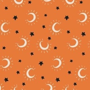 Medium moon and stars on burnt orange, halloween fall pattern for kids apparel and accessories