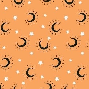 Medium moon and stars on light orange, halloween fall pattern for kids apparel and accessories