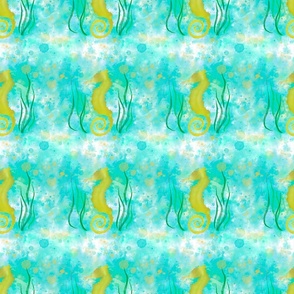 Yellow Seahorse under the sea seaweed teal