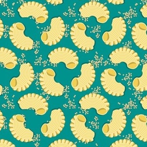 Pasta Creste di gallo and mustard seeds on a dark turquoise background, Medium scale