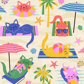 Colorful Cats Play at the Beach
