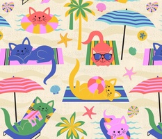 Colorful Cats Play at the Beach