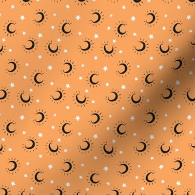 Small moon and stars on light orange, halloween fall pattern for kids apparel and accessories