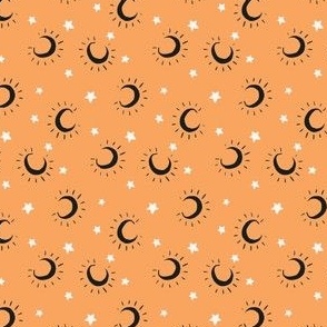 Small moon and stars on light orange, halloween fall pattern for kids apparel and accessories