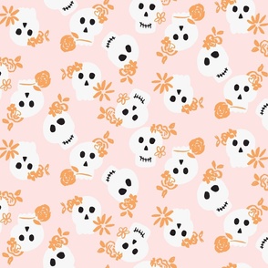 Large Skulls with orange flowers on pink for cute kids halloween apparel