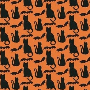 Small black cats and bats for cute kids halloween. Burnt orange and black for fall kids apparel, 3 inch