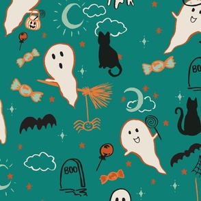Sweet or Spooky Halloween, large, 20 inch, teal, ghost, cat, bat, black 