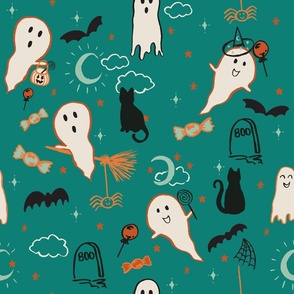 Jumbo Halloween ghosts, cats and bats on teal green for bedding and wallpaper. 20 inch fall trick or treat