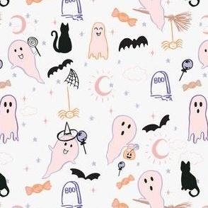 Small halloween ghost pattern in pastel pink, orange and purple for girly kids and baby. 5 inch cute fall 