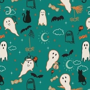 Small Halloween ghosts, cats and bats on teal green for gender neutral kids apparel. 5 inch fall kids and baby 