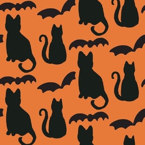 Large black cats and bats on halloween orange, 12 inch gender neutral for Fall holiday