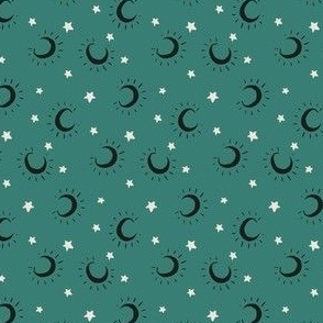 Small moon and stars on dark teal, halloween fall pattern for kids apparel and accessories