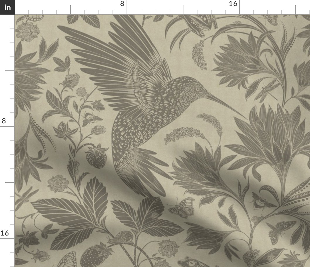 Hidden Wonders Hummingbird and Wild Strawberries in Muted Gray