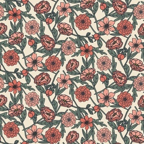Ditsy Coral Floral Cream Background