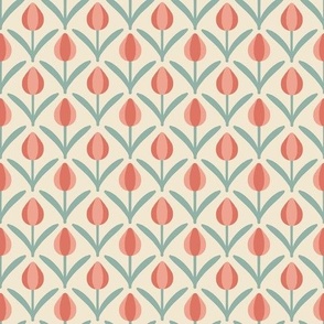 Midcentury Coral Tulips Retro Flowers on  Cream Background 