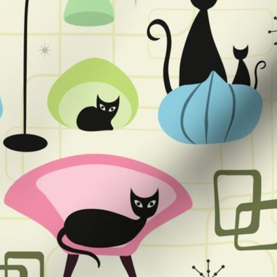 Mid Century Black Cats - Retro Cat Print - Atomic Cats Pattern 