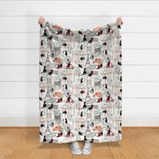Hats Off Cat-ture- Paris Holiday- Fashionista Black Cats on Linen- Large Scale