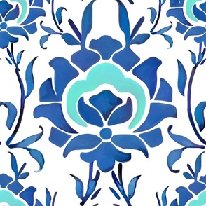 Boho,bohemian,blue flowers,ottoman ,floral art