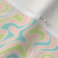 Retro double stripe groovy swirls wallpaper - vintage style waves organic swirl nineties theme blue mint green on blush