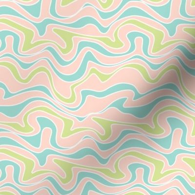 Retro double stripe groovy swirls wallpaper - vintage style waves organic swirl nineties theme blue mint green on blush