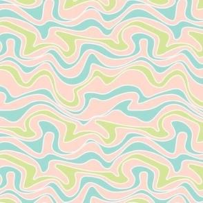 Retro double stripe groovy swirls wallpaper - vintage style waves organic swirl nineties theme blue mint green on blush