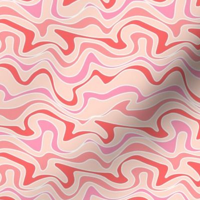 Retro double stripe groovy swirls wallpaper - vintage style waves organic swirl nineties theme pink blush red on apricot girls valentine palette