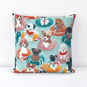 Summer pool pawty // normal scale // aqua background dog breeds in vacations playing on swimming pool floats // Labrador beagle dachshund jack Russell Dalmatian welsh corgi pug greyhound basset hound husky 